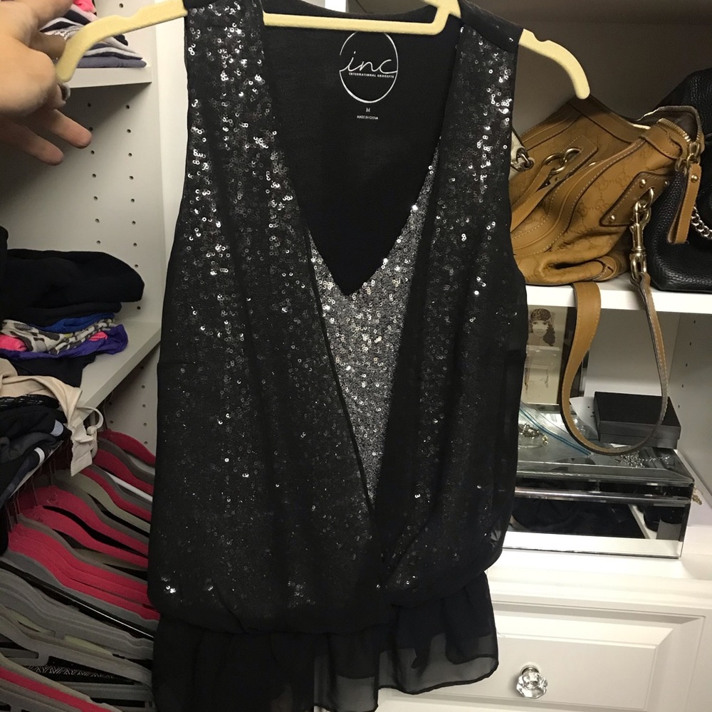 INC  women’s shirt black sheer with silver